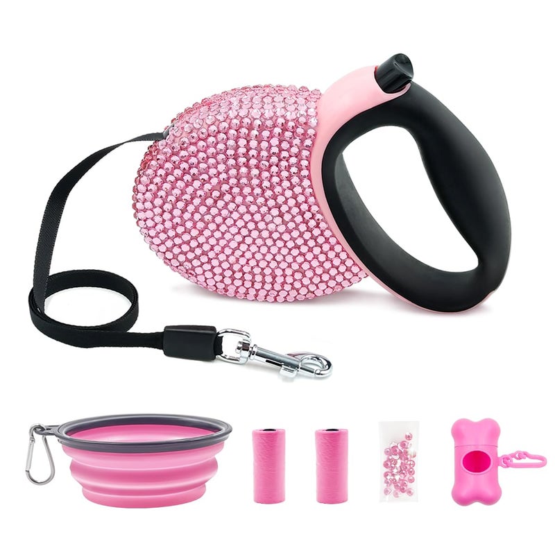 Triumilynn Pink Rhinestone Retractable Dog Leash Bling 10ft, Sparkle Sparkling Pet Cat Leash for Small Breed, Bling Crystal Small Dog Leash Cute, Girl Dog Lead Waste Bags Dispenser Included, 360Â° Tangle-Free - Image 1
